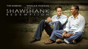 Poster of Shawshank Redemption | Tim Robbins and Morgan Freeman sitting in prison