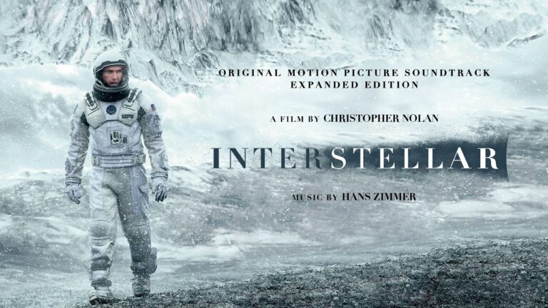 Interstellar movie poster of man in spacesuit walking on ice planet