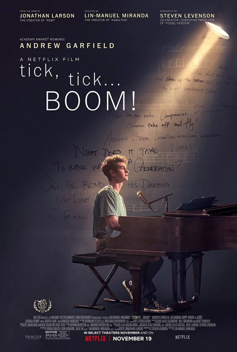 Tick tick boom poster, Andrew Garfield playing piano