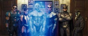 Watchmen movie, all the watchmen standing and in center is Dr. Manhattan