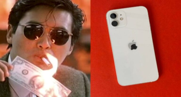 a man burning money is compared to buying an iPhone
