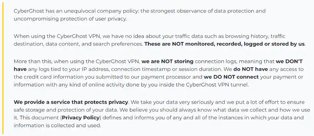 A glimpse of the privacy policy of CyberGhost