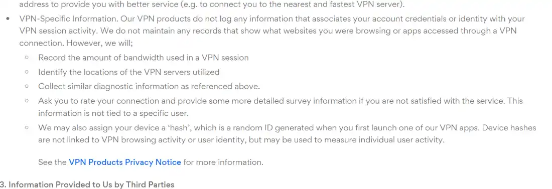 An excerpt of Hotspot Shield VPN's privacy policy
