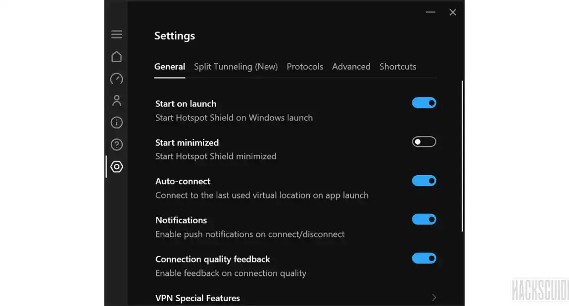 A screenshot of Hotspot Shield VPN general settings- should you buy Hotspot Shield