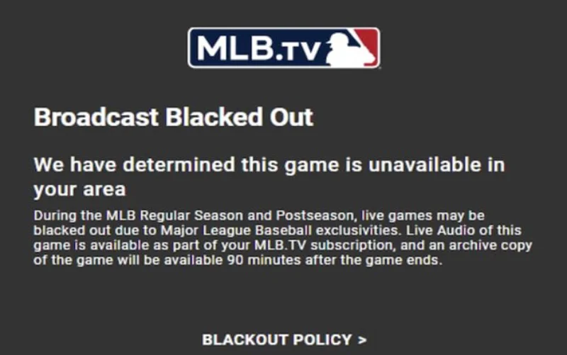 Screenshot of an MLB blackout notice that you can avoid with a VPN