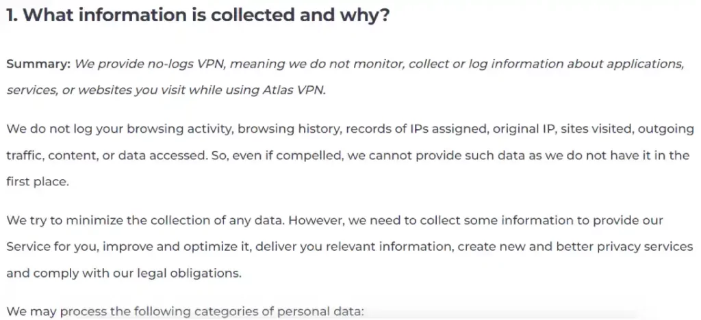 Atlas VPN Privacy Policy screenshot